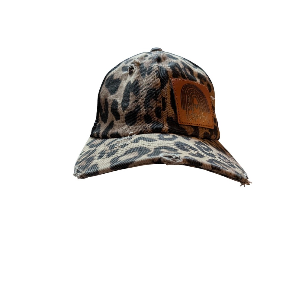 Leopard Print Distressed Ponytail Trucker Hat thankful Rainbow Patch Cap